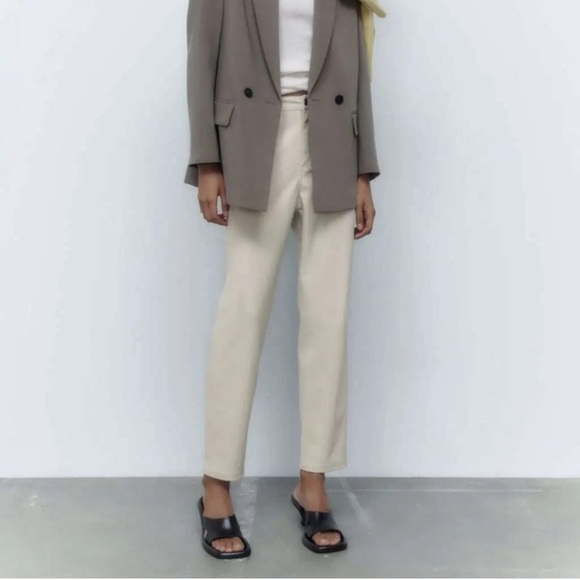 Zara | Faux Leather Cream Straight Leg Pants Size 4 - Picture 2 of 15